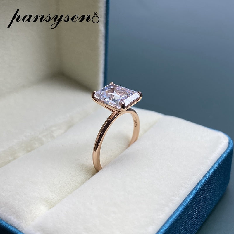 PANSYSEN 100% 925 Sterling Silver Simulated Moissanite Diamond Gemstone Wedding Band Ring Rose Gold Color Fine Jewelry Rings