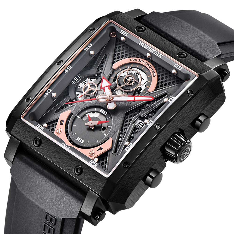Rechteckige Uhren für Herren BERSIGAR Herrenuhr Barrel Typ Quarz Mode Luxus Sport Wasserdichter Chronograph Silikonarmband