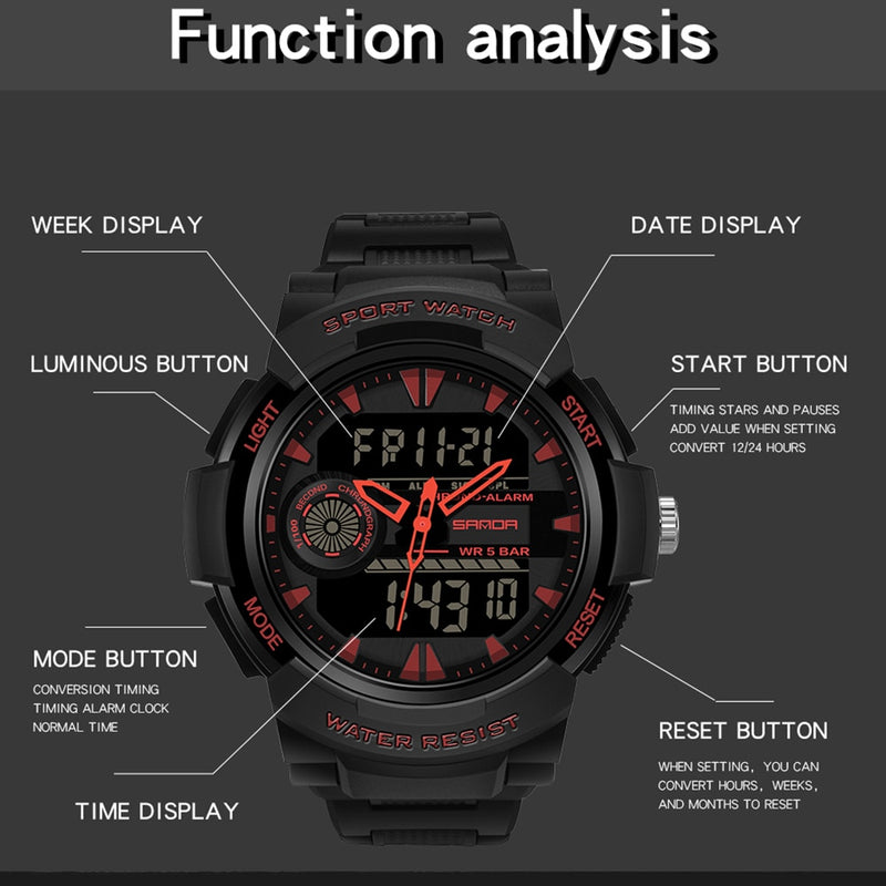 SANDA Watches For Men 50M Waterproof Clock Alarm reloj hombre Dual Display Wristwatch Quartz Military Watch Sport Mens Relogio