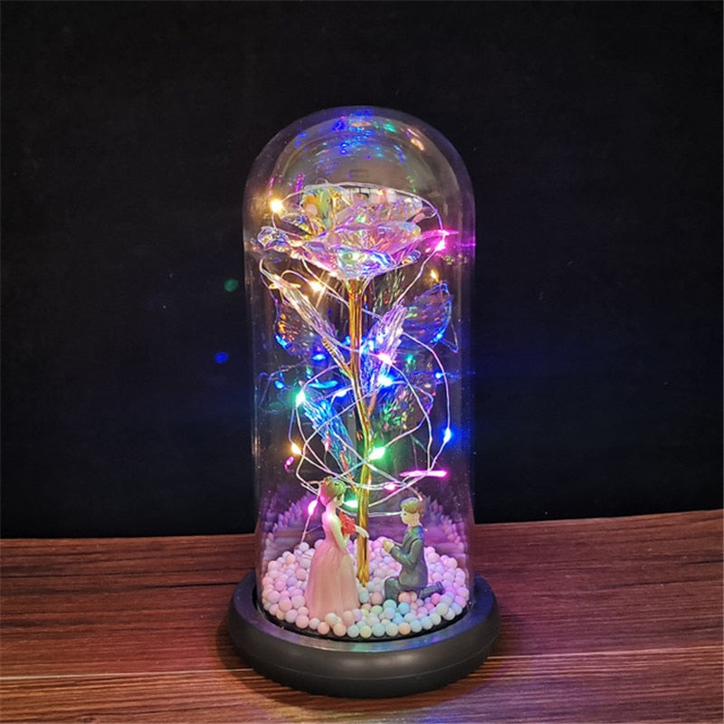 LED Enchanted Galaxy Rose Eternal 24K Gold Foil Flower with String Lights In Dome for Home Decor Christmas Valentine&