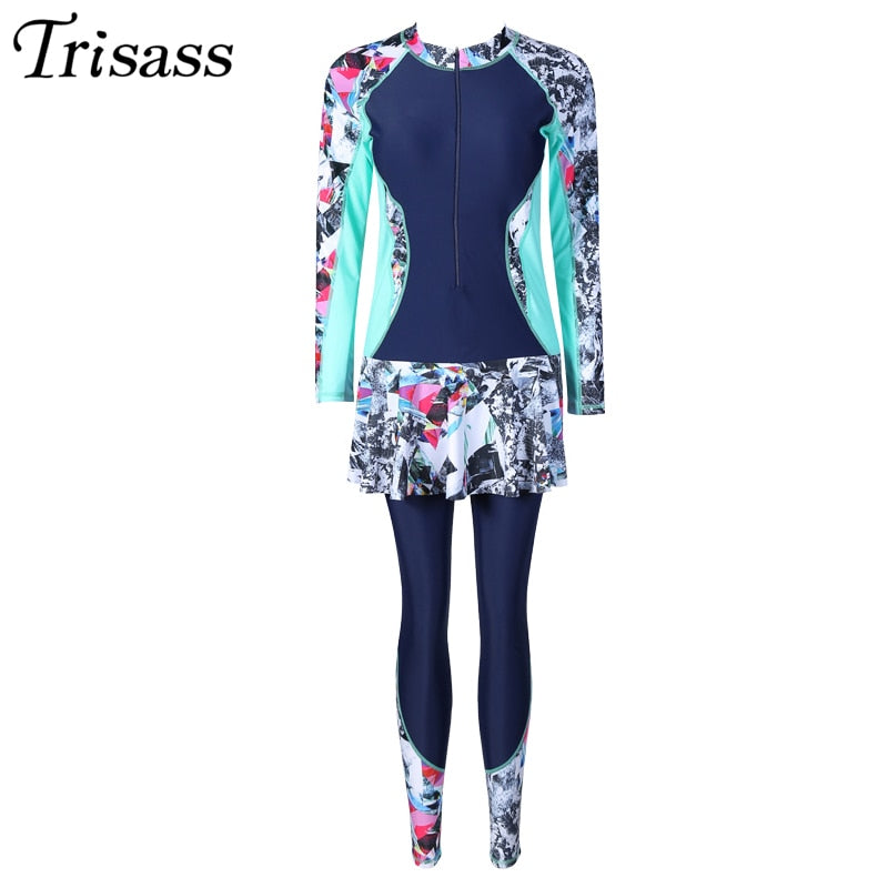 Trisass 2021 New Women One Piece Skirt Swimsuit Sports Bathing suit Plus Size Swimwear Print Long Sleeve Pants Zipper Surf suit