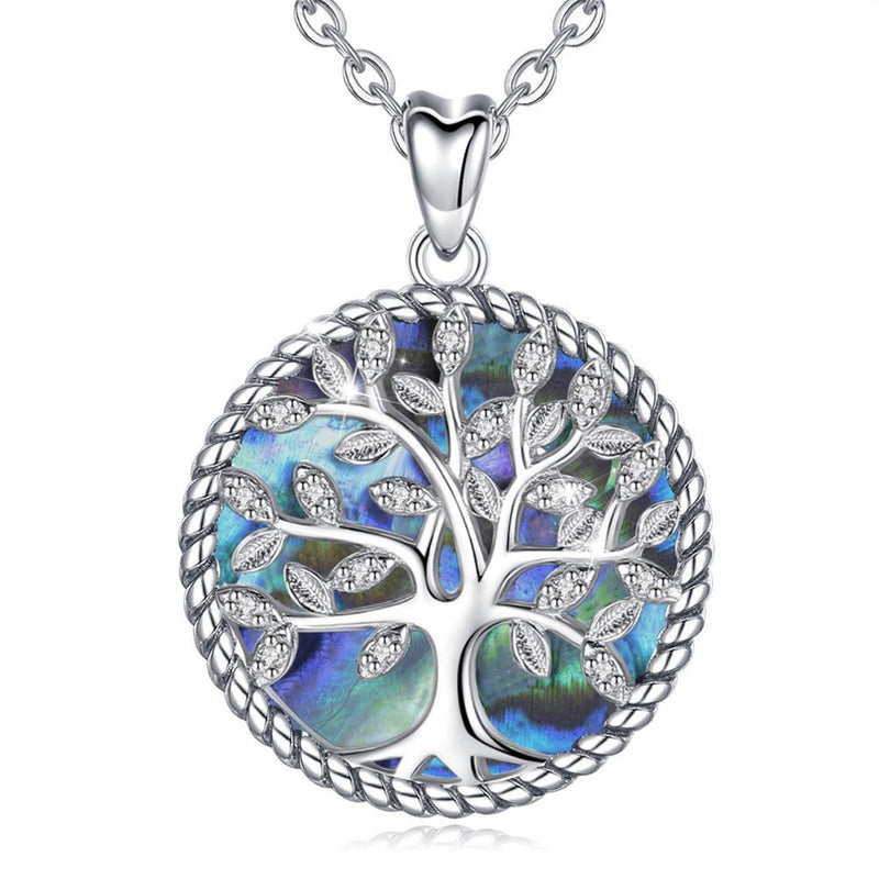 EUDORA 925 Sterling Silver Tree Of Life Pendant Crystal Leaf Blue Mother of Pearl Necklace Women Fine Jewelry Gift with Box D170