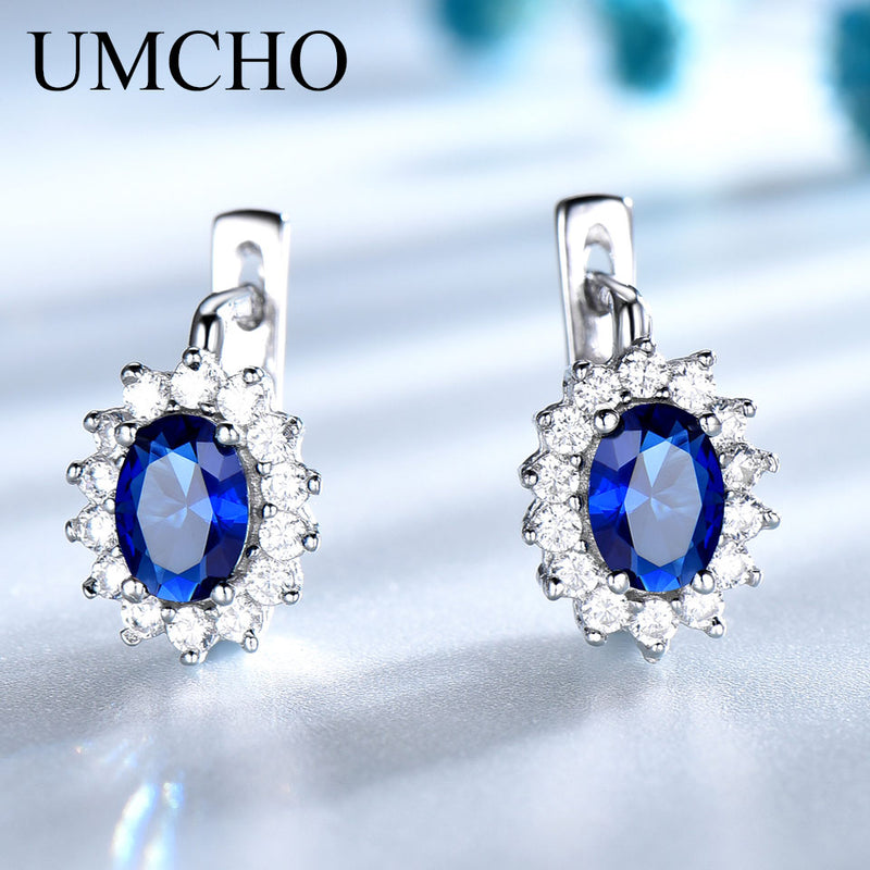 UMCHO Solide 925 Sterling Silber Edelstein Ohrclips für Frauen Blau Saphir Edlen Schmuck Hochzeit Verlobung Valentinstag Geschenk