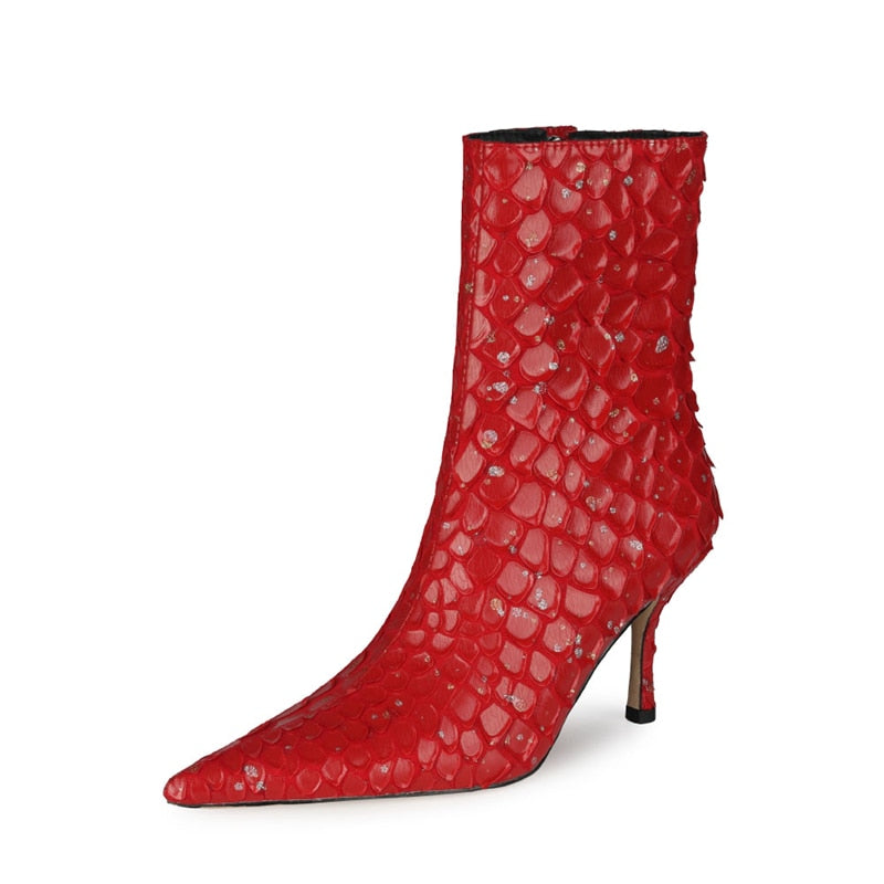2021, botines para mujer, tacones finos, punta estrecha, patrón de escamas de pescado, azul, rojo, negro, Beige, zapatos de fiesta para mujer