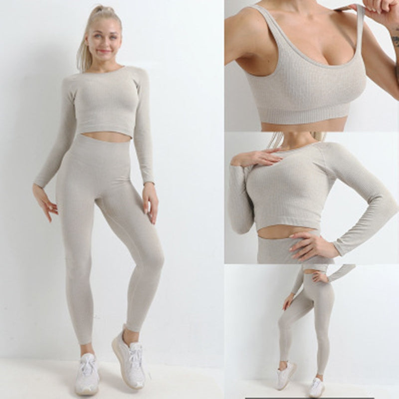 Nahtloser Yoga-Anzug Sport-Set Fitness-Kleidung Fitness-Frauen Langarm-Crop-Top mit hoher Taille Leggings geripptes Trainings-Set Trainingsanzüge