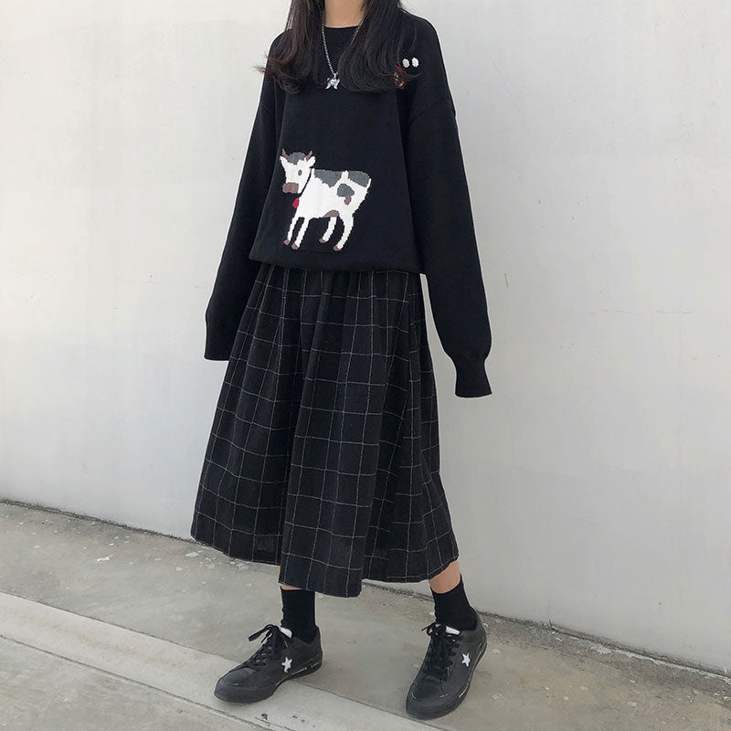 2 Farben japanischer Stil hohe elastische Taille Lange Röcke Frau 2019 Herbst Winter Plaid A-Linie Faltenröcke Damen (X1078)