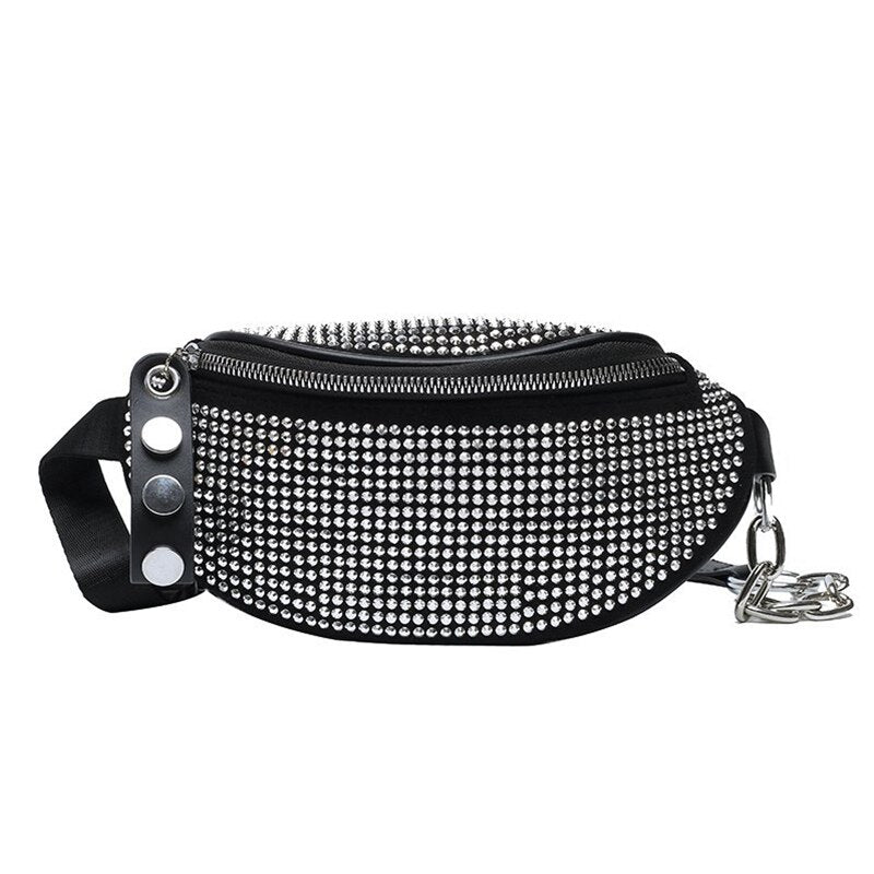 JIEROTYX Fashion Rhinestones Women Bag Waist Bag Fanny Packs Chest Waist Pack Travel Casual Female Chain Strap Punk Belt Bag