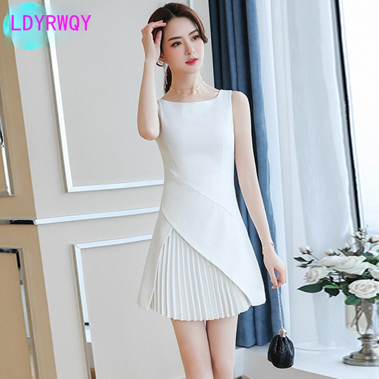 LDYRWQY 2021 summer new classic French slim pleated white dress V-Neck  Natural  Tank  Knee-Length  Sleeveless  Zippers