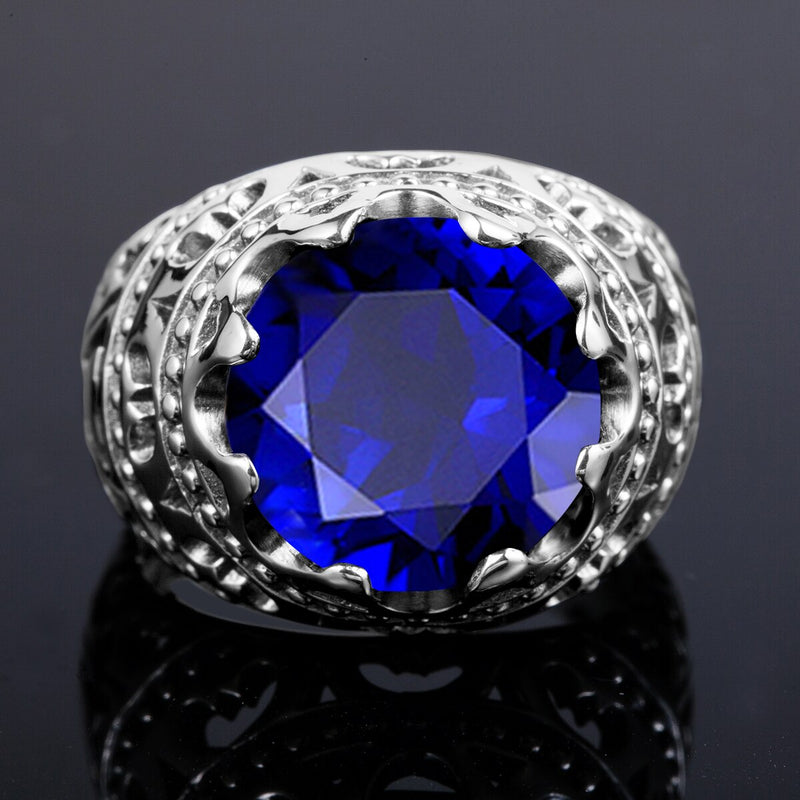Szjinao Pure 925 Sterling Silver 13*13mm Round Big Sapphire Rings For Men Gemstone Male Punk Vintage Jewellery Dropship Supplier