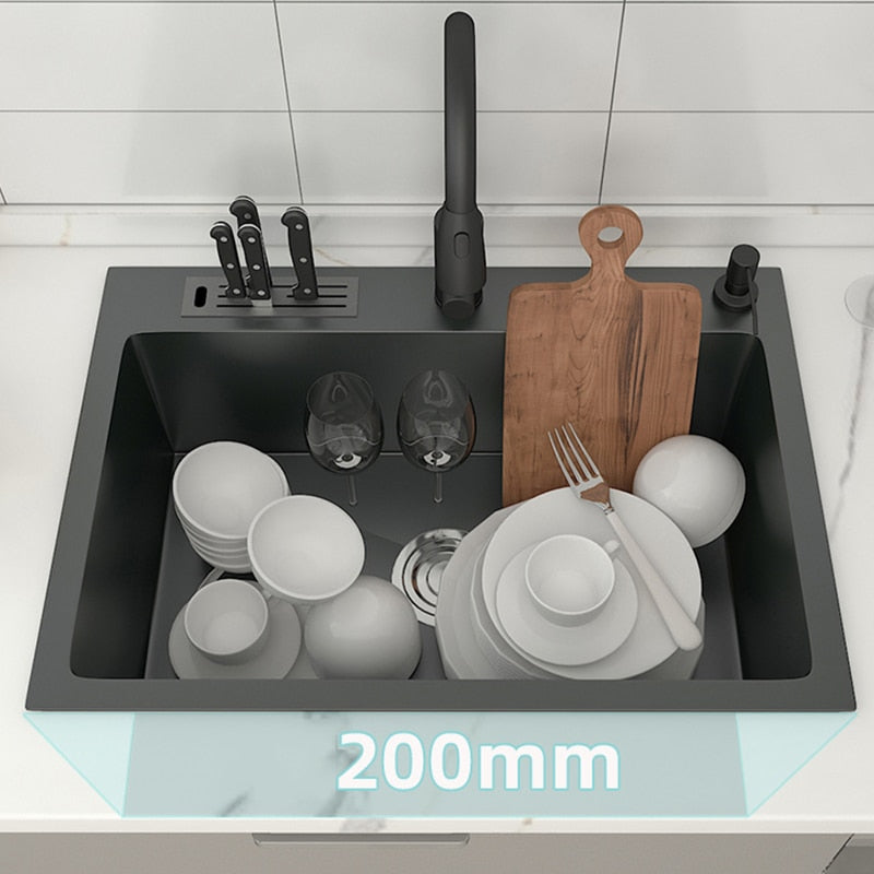 Topmount-Küchenspüle aus Edelstahl 304 mit Messerhalter, Multifunktions-Einzelschüssel, dunkelgraues Waschbecken für Küchenarmatur