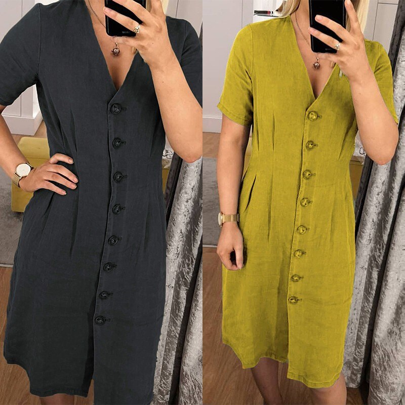 ZANZEA mujeres cuello en V botones abajo Vestido verano sin mangas algodón Lino Vestido Casual Sarafans Vestido fiesta tanques Vestido