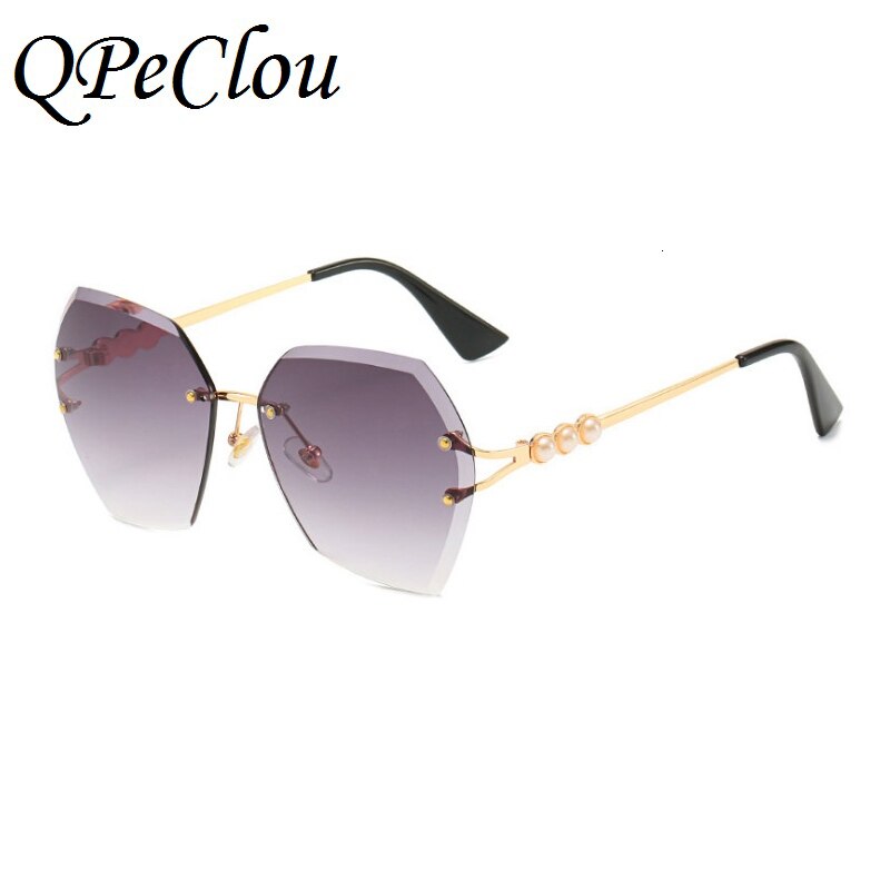 QPeClou 2020 Rimless Polygon Sunglasses Women Retro Luxury Pearls Sun Glasses Woman Fashion Metal Gradient Shades Oculos De Sol