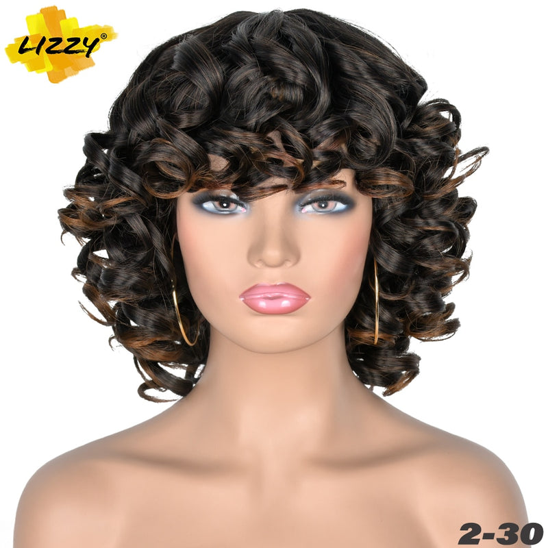 Kurzhaar-Afro-Lockenperücke mit Pony, lose, synthetische, flauschige, schulterlange, natürliche Perücken für schwarze Frauen, dunkelbraun, 35,6 cm