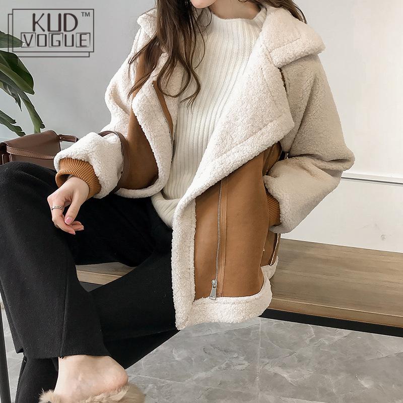 Women Winter Oversized Teddy Jacket Chic Faux Suede Fur Collar Coats Aviator Motorcycle Biker Jackets Female Lamb Wool Coat New