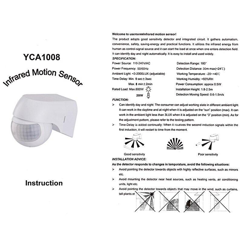 Motion Sensor 110v~230v Motion Detector Automatic Infrared PIR Sensor 180 Degree Rotating Outdoor Timer Light Switch