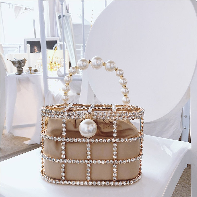 Diamonds Basket Evening Clutch Bags Women 2019 Luxury Hollow Out Preal Beaded Metallic Cage Handbags Ladies Wedding Party Purse