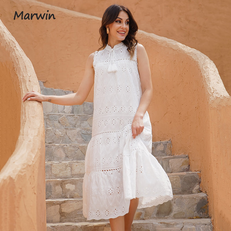 Marwin largo Simple Casual sólido ahueca hacia fuera el estilo de vacaciones de algodón puro de cintura alta de moda de media pantorrilla Vestidos de verano nuevos Vestidos