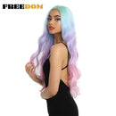 FREEDOM Synthetische Spitzeperücken Lange Natürliche Welle 30 Zoll Omber Blue Rainbow Color Pink Hair Perücken Hitzebeständige Faser Cosplay Perücken