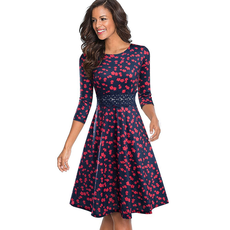 Nice-forever Otoño Retro Color puro con vestidos de encaje Fiesta A-Line Mujeres Flared Swing Dress A190