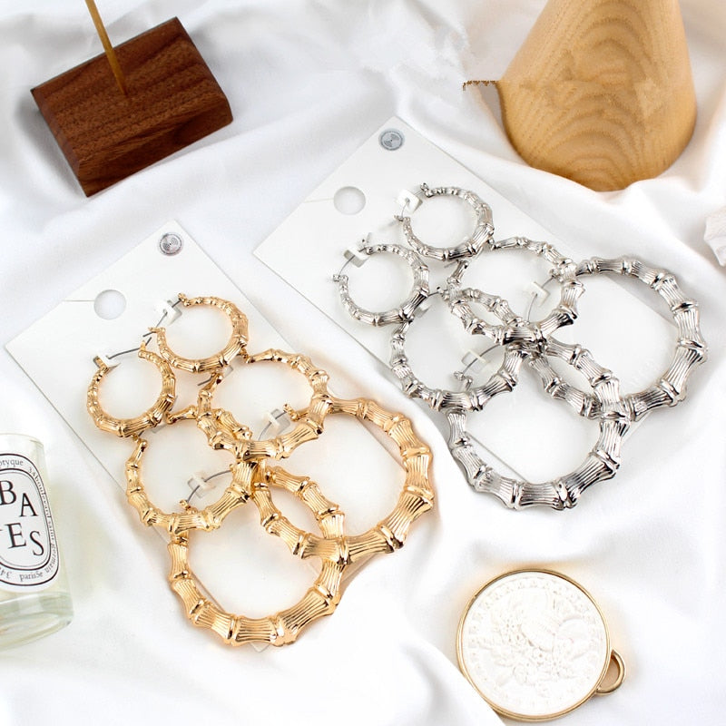 Statement Sliver/Gold Color Big Bamboo Circle Hoop Earrings For Women Hip Hop Large Celebrity Basketball Wives Earrings Hoops