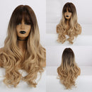 GEMMA Synthetic Long Wavy Dark Brown Golden Highlight Wig for Black Women African American Cosplay Wig with Bangs Heat Resistant