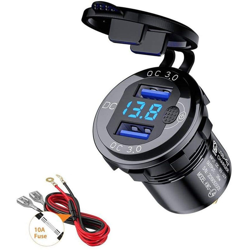 Quick Charge 3.0 36W Car Dual USB Charger QC3.0 Waterproof with Voltmeter Switch for 12V/24V Motorcycle ATV Boat Marine RV