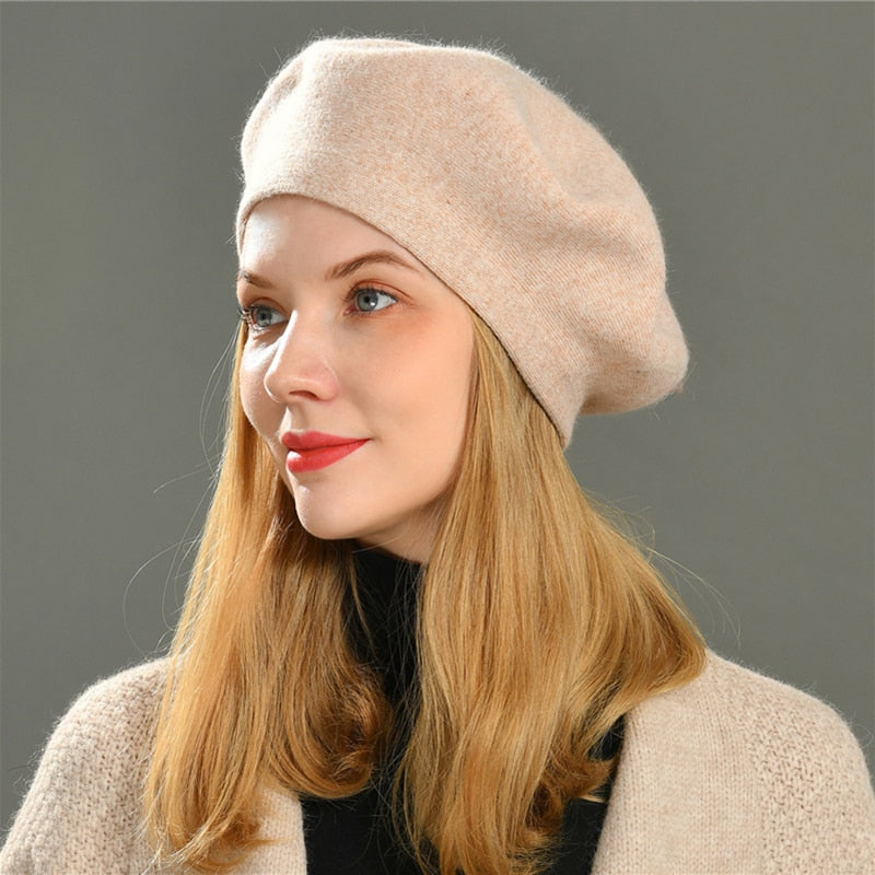 Boina de mujer, sombrero de moda, sombreros de lana de algodón tejidos para mujer de invierno, boina de Color sólido de lana para niñas de marca de primavera