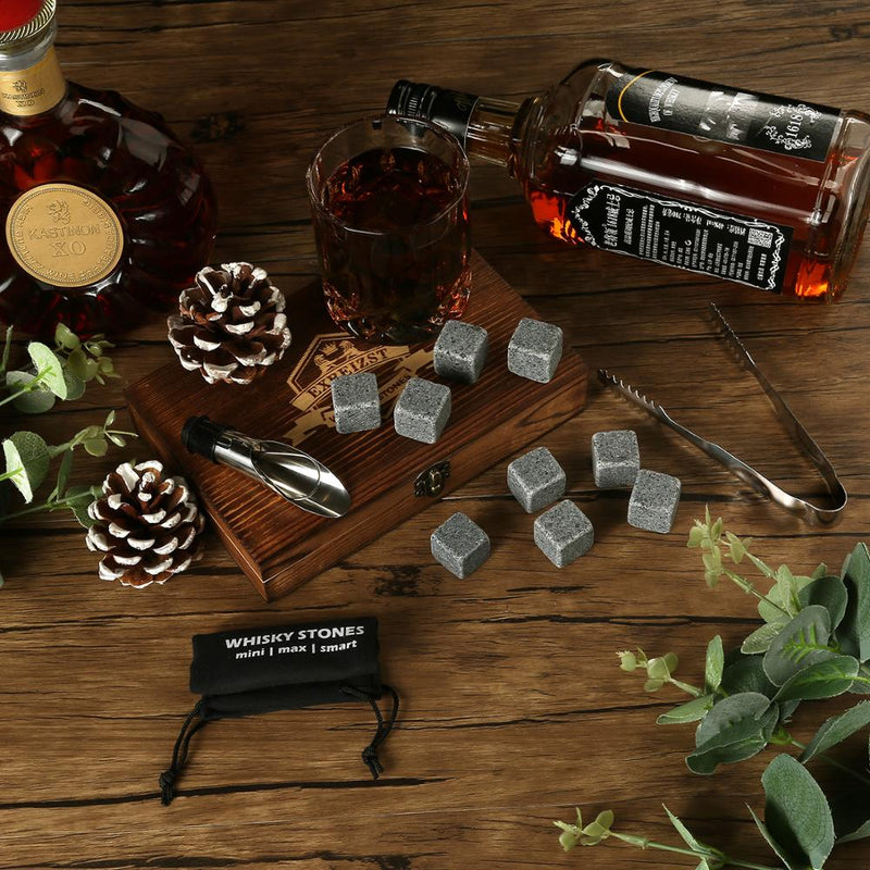 Whiskey Stones Gift Set - 9 Granite Chilling Stones Whisky Rocks - Reusable Ice Cubes with Tongs Stopper - Best Drinking Gift