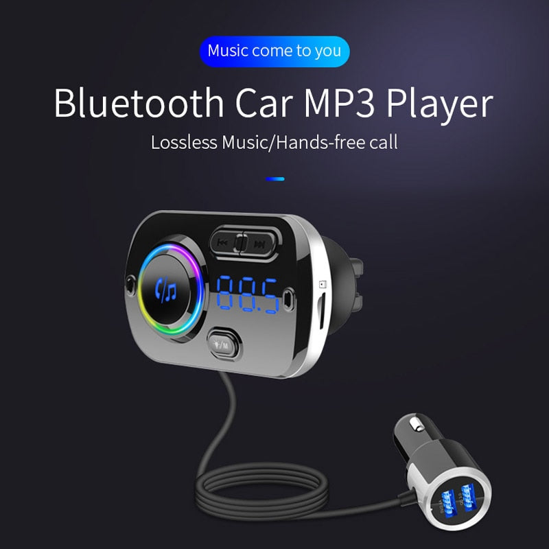 JaJaBor Bluetooth 5,0 Carkit manos libres transmisor FM AUX Audio reproductor de coche A2DP reproductor de MP3 inalámbrico para coche compatible con reproducción de tarjeta TF