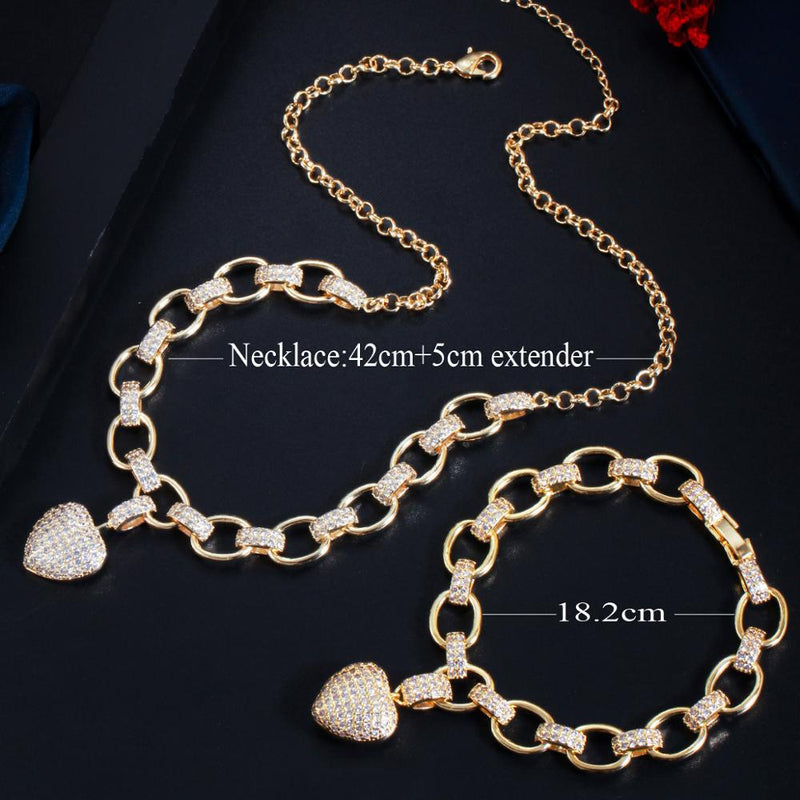 CWWZircons 585 Color oro Zirconia cúbica colgante amor corazón forma encanto pulsera colgante collar mujeres traje joyería conjunto T468