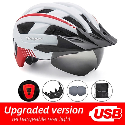 Victgoal casco de bicicleta LED montaña carretera USB recargable luz casco de ciclismo para hombre visera gafas hombres MTB bicicleta casco