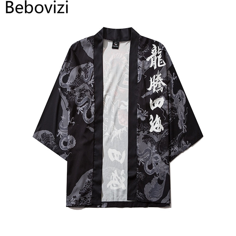 Bebovizi Dragon Print Yukata Men Women Fashion Cardigan Loose Blouse Haori Obi Asian Clothes Harajuku Japanese Cosplay Kimono