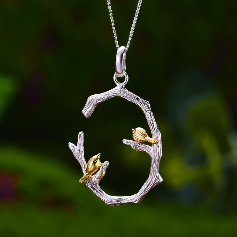 Lotus Fun Echt 925 Sterling Silber Natürlicher Original Feiner Schmuck 18 Karat Gold Vogel auf Ast Anhänger ohne Halskette für Frauen Geschenk