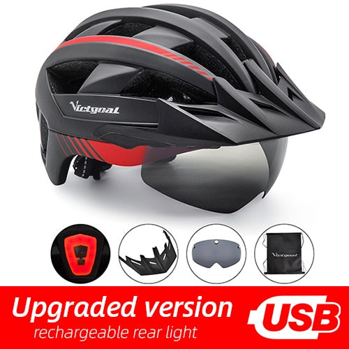 Victgoal Bicycle Helmet LED Moutain Road USB Rechargeable Light Cycling Helmet For Man Sun Visor Goggles Men MTB Bike Headgear