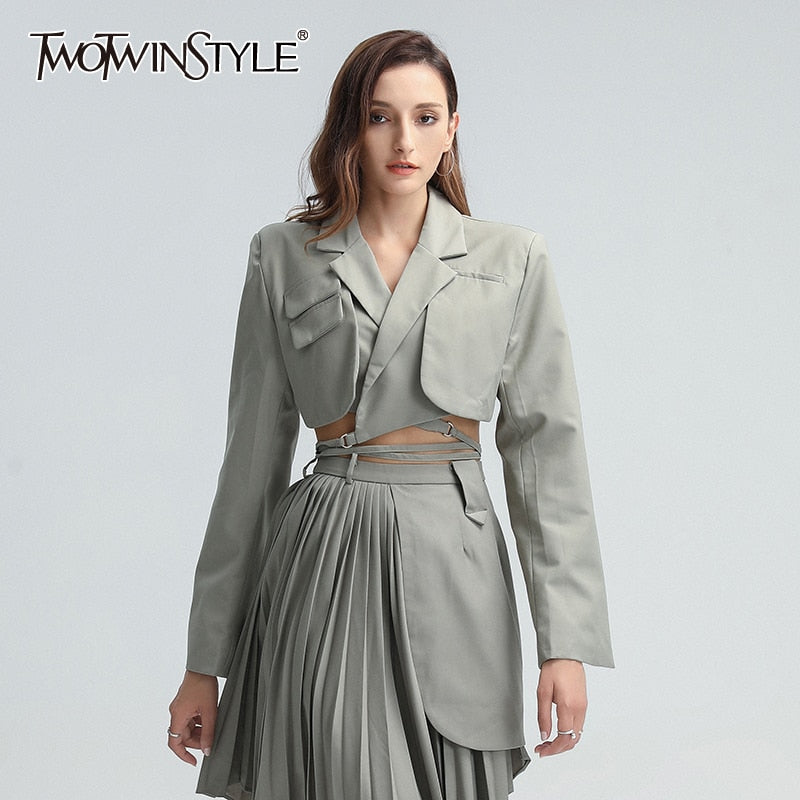 TWOTWINSTYLE Patchwork Bandage Blazer For Women Notched Collar Long Sleeve Hollow Out Plus Size Coat Female 2022 Korean Clothing