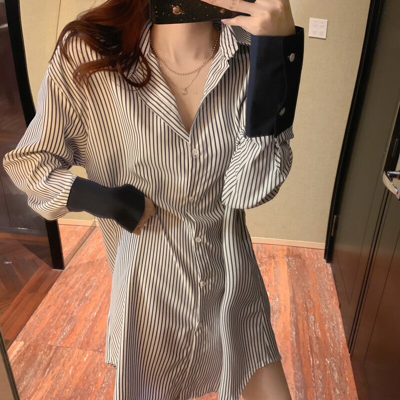 2020 Autumn Women Two Pieces Sets Stripe Long Sleeve Blouse Dress + Lace Up Mini Skirt Korean Fashion 2PCS Suit Womens Clothing