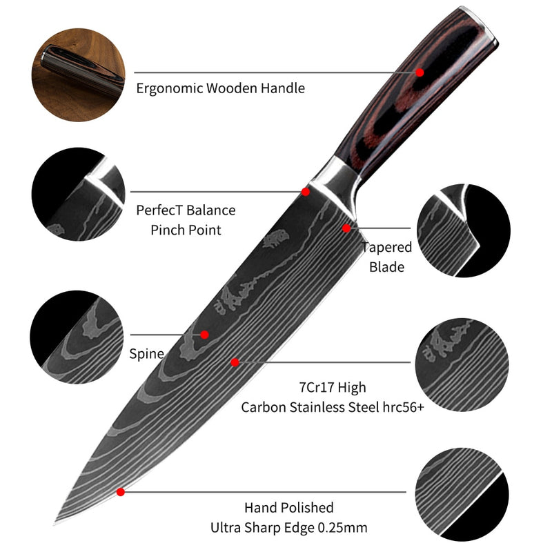 Japanese Stainless Steel Kitchen Knives Laser Damascus Pattern Chef Santoku Cleaver Slicing Utility  Gyuto Boning Knives Tool