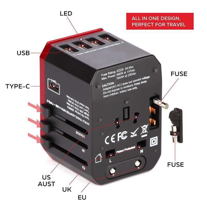 Rdxone Travel Adapter International Universal Power Adapter All-in-one with 5 USB Worldwide Wall Charger for UK/EU/US/Asia