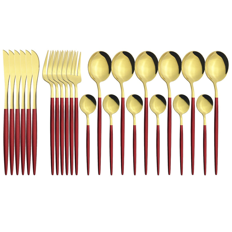 24 unids/set de vajilla de acero inoxidable, juego de cubiertos dorados, cuchillo de cena, tenedor, cuchara de café, vajilla, juegos de cubiertos de cocina