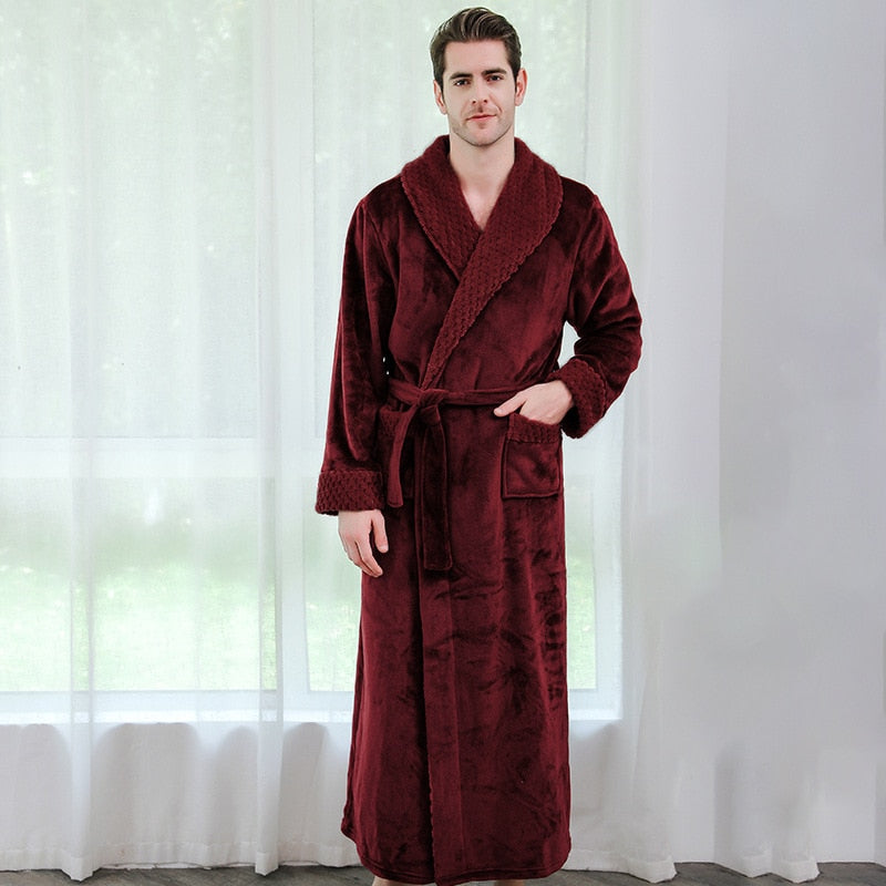 Albornoz de franela de talla grande para hombre y mujer, albornoz Extra largo con capucha cálido para amantes, albornoz tipo Kimono grueso, bata de baño para hombre, batas