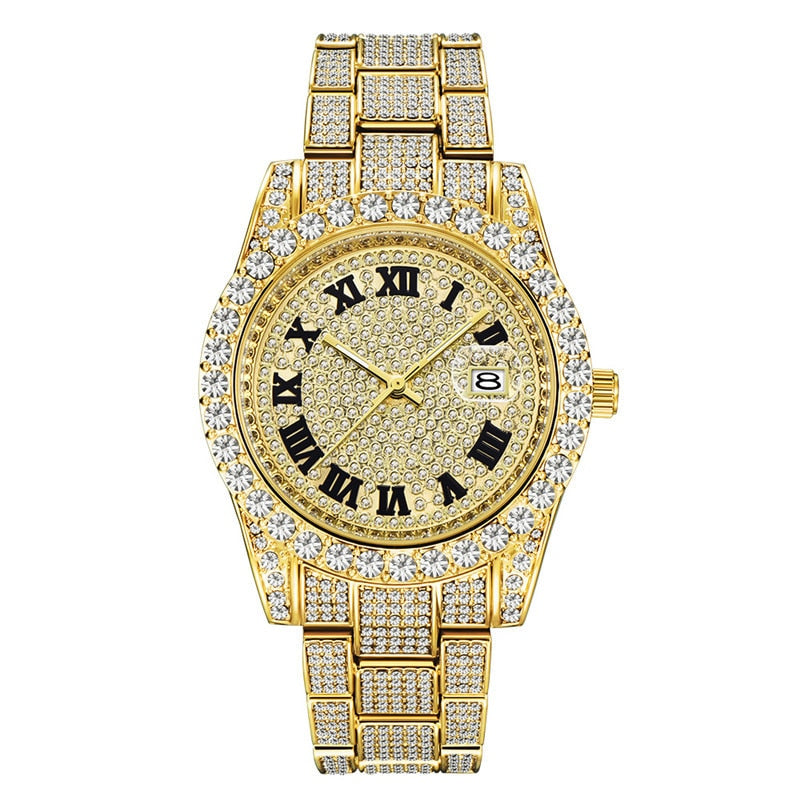 Hip Hop Full Iced Out Mens Watches Luxury Date Quartz Wrist Watches With Micropaved Cubic Zircon Watch For Women Men Jewelry