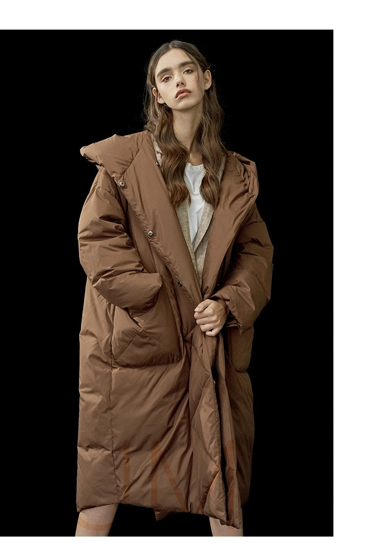 S- 7XL fashion Winter Oversize Warm Duck Down Coat Female X-Long Down Warm Jacket Hooded Cocoon Style Thick Warm Parkas F192