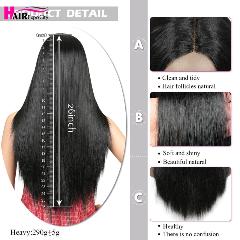 26" Long Straight Wig Synthetic Lace Wigs For Black Women Heat Resistant Nature Black Middle Part Hair Expo City
