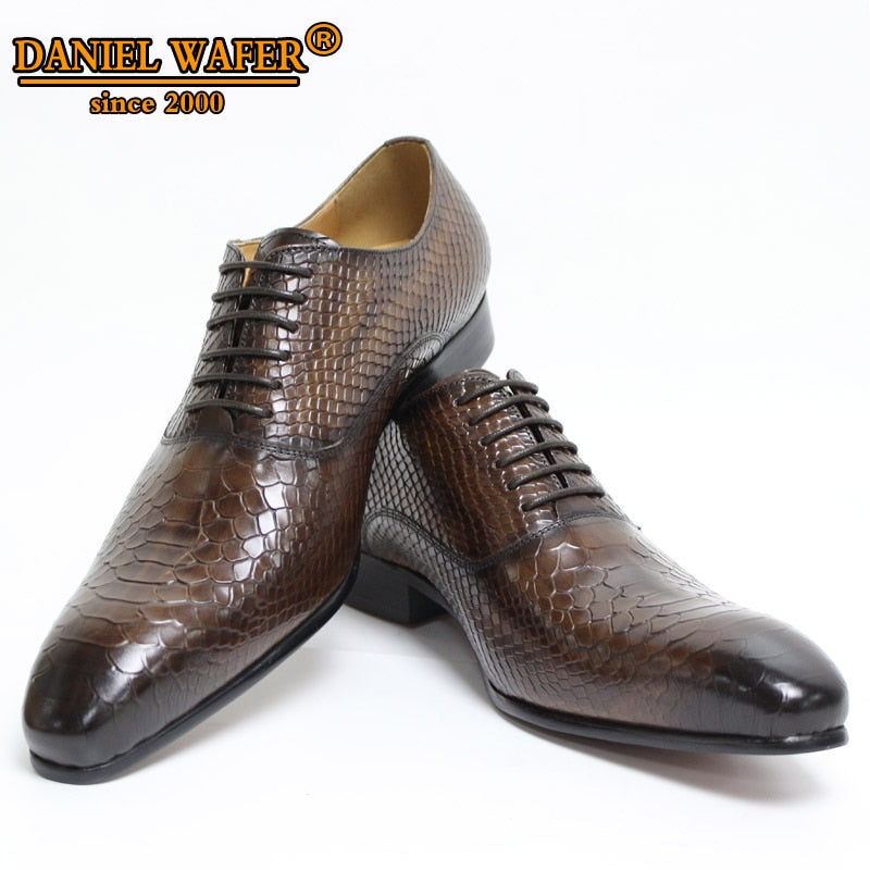 Zapatos Oxford de lujo para hombre, zapatos de cuero con estampado de piel de serpiente, zapatos de vestir de estilo clásico, zapatos formales de punta estrecha con cordones negros para café para hombre