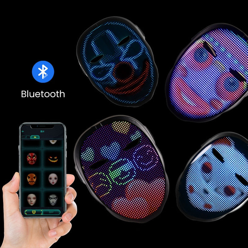 Halloween Bluetooth Led fiesta máscara Diy máscaras personalizadas imagen editar animación texto broma RGB cara Variable brillo máscara
