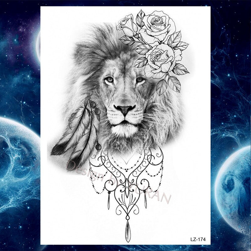 Summer Style Temporary Tattoo Stickers Rose Flower Feather For Women Fake Tattoos Men Body Arm Art Tatoos Tribal Wolf Lion Henna