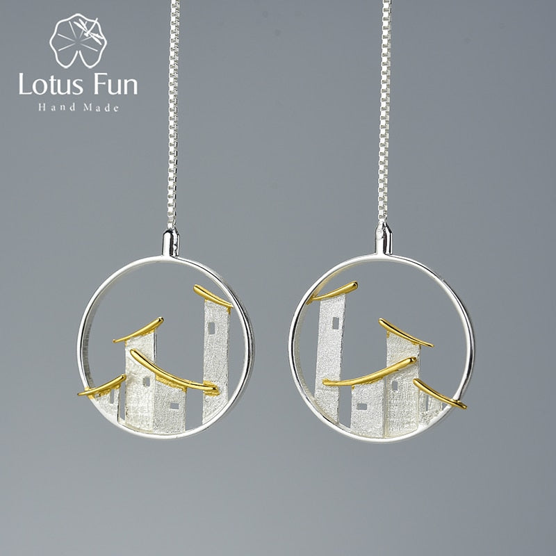 Lotus Fun Real 925 Sterling Silver Fine Jewelry Original Chinese Architectural Style Jiangnan Town Dangle Earrings for Women