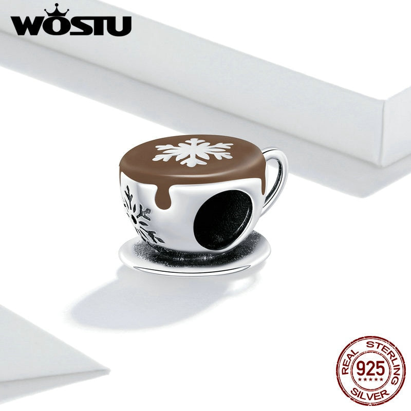 WOSTU 100% 925 Sterling Silver Snowflakes Fairy Charm Coffee Cup Bead Pendant Fit Original Bracelet Necklace Winter Jewelry Gift