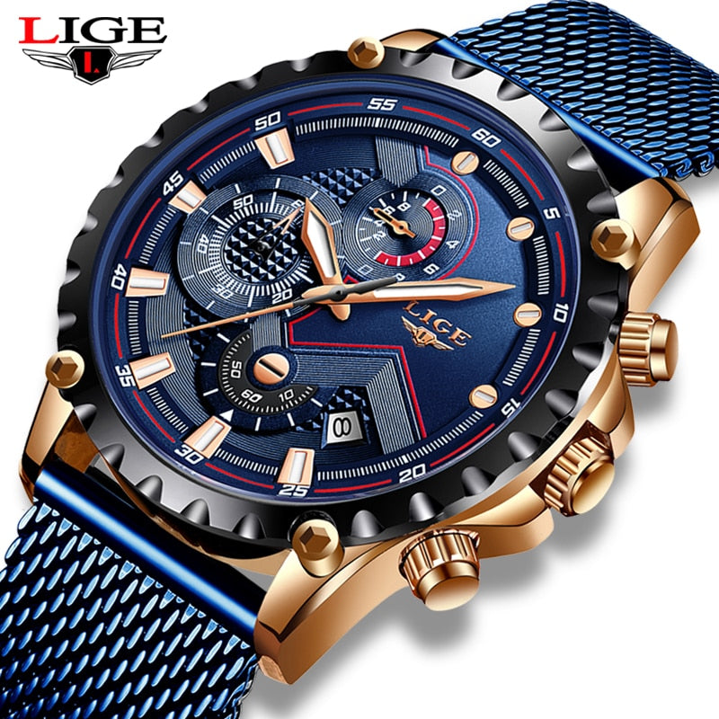 2022 New LIGE Blue Casual Mesh Belt Fashion Quartz Gold Watch Mens Watches Top Brand Luxury Waterproof Clock Relogio Masculino