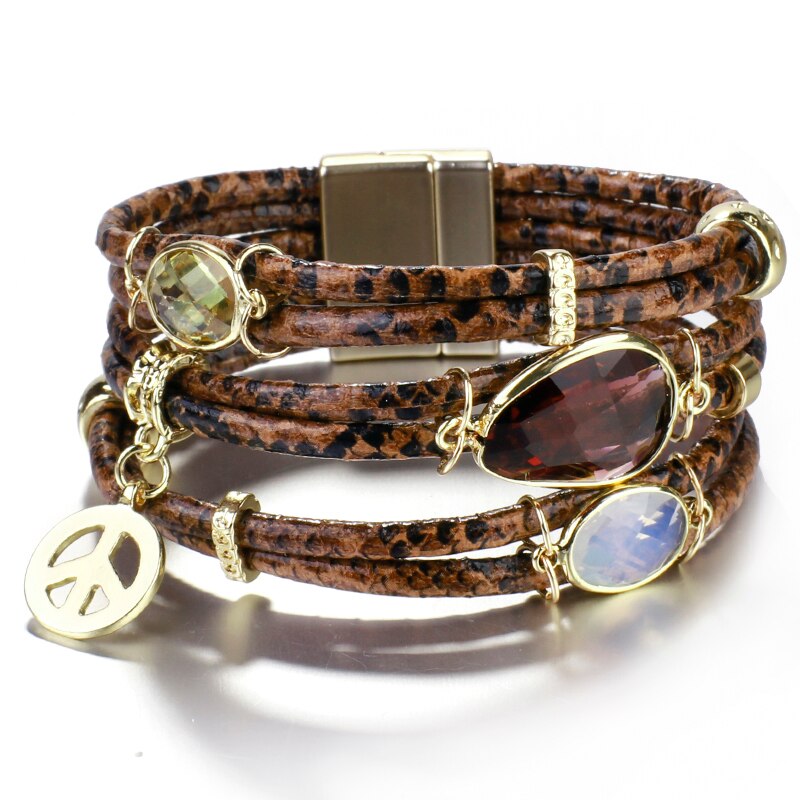 ALLYES Mulltilayer Snake Genuine Leather Bracelets for Women Peace Charm Animals Pattern Crystal Wrap Bracelet Female Jewelry